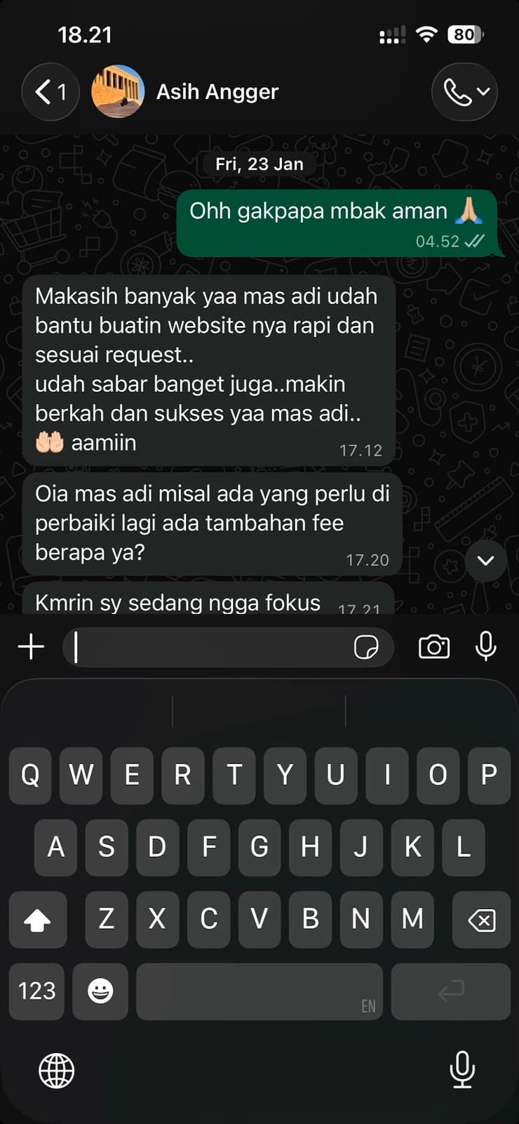 Screenshot percakapan testimoni Asih Angger